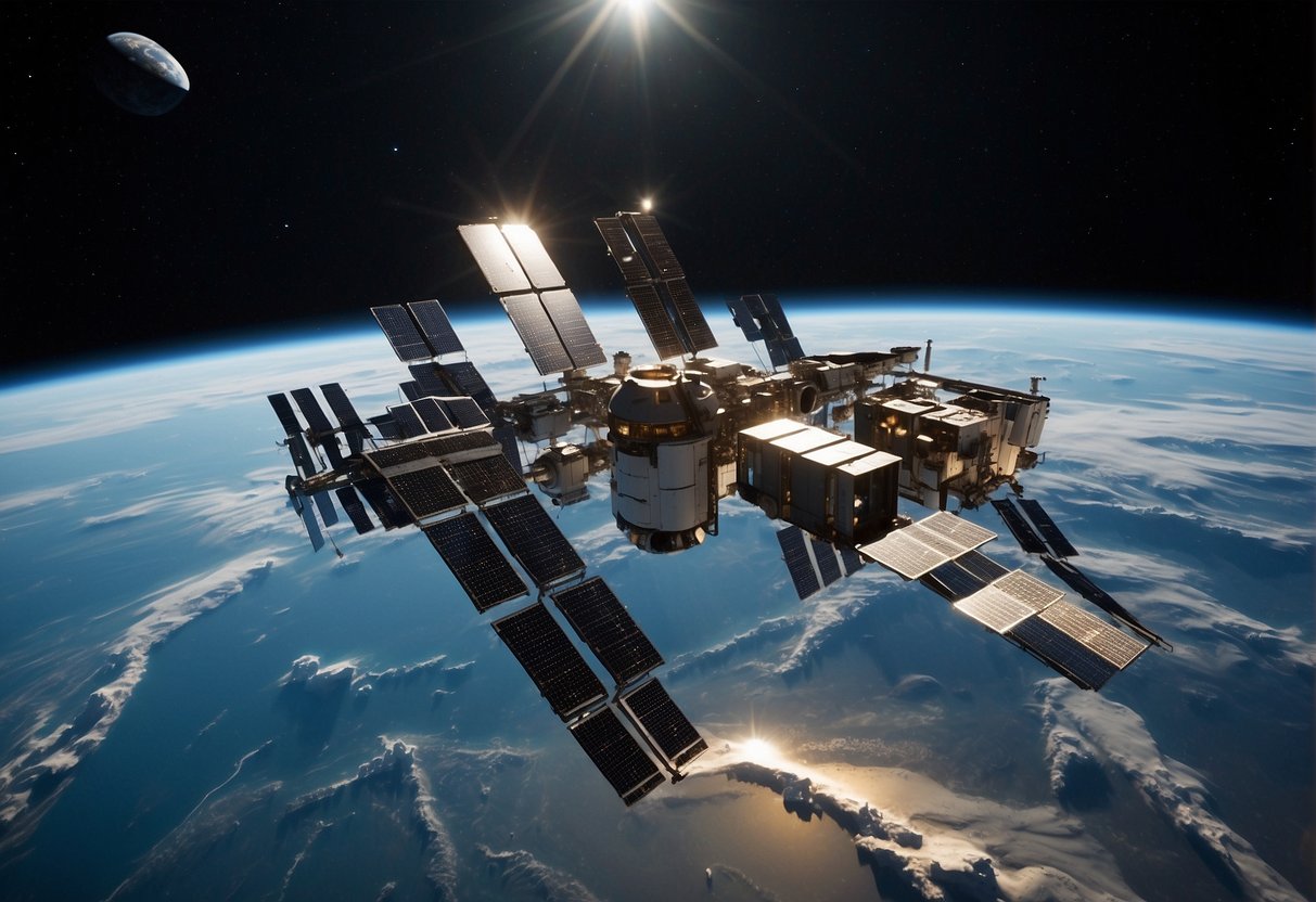 Waste Management in Space - A space station with waste recycling systems and storage containers for long-duration missions. Solar panels provide power. No humans present