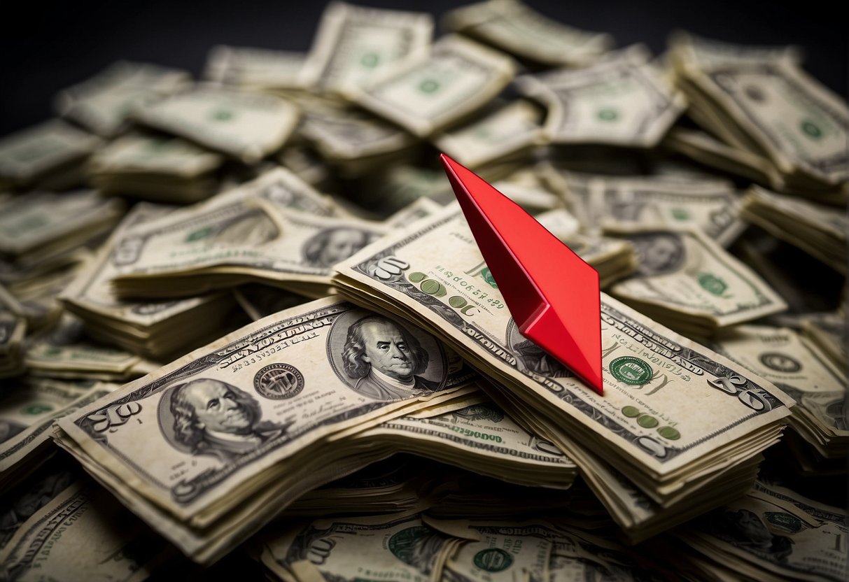 A pile of money with a red arrow pointing downwards, symbolizing tax reduction