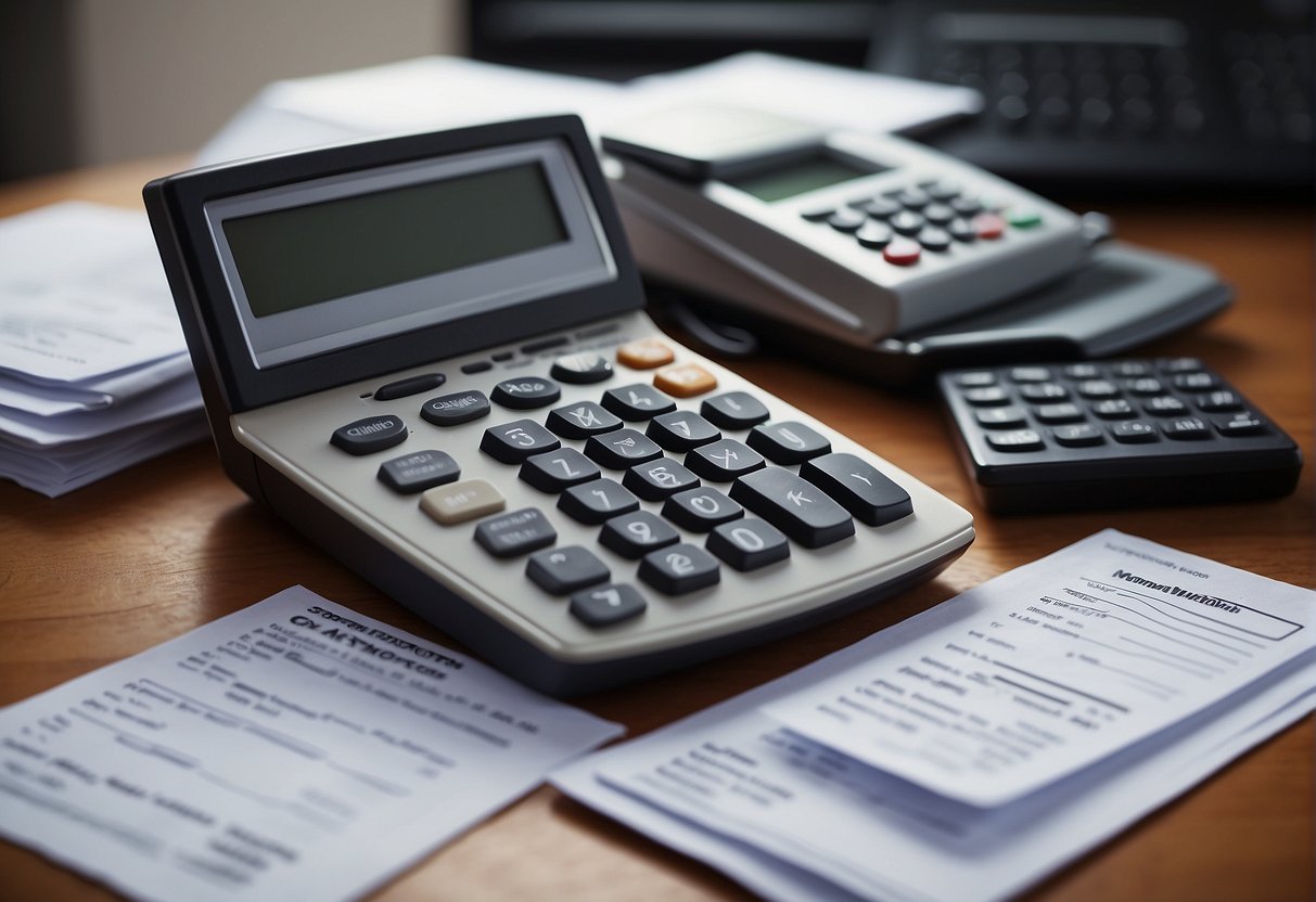 A stack of tax forms and documents, a calculator, and a computer screen displaying tax relief options