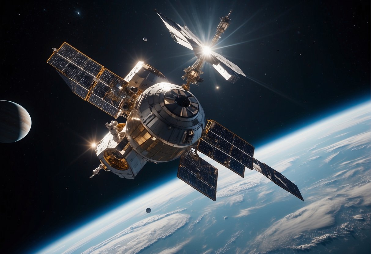 A spacecraft floats in the vastness of space, surrounded by stars and planets. Its exterior is covered in durable materials, with solar panels and antennas extending from its surface. The spacecraft appears weathered but still functional, a testament to its extended mission lifespan
