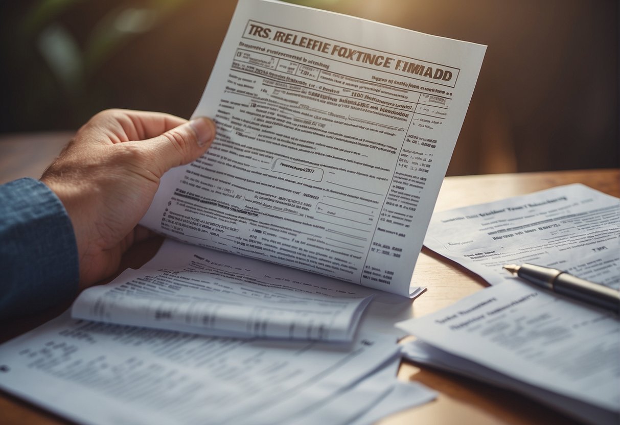 A person reading a tax relief booklet, surrounded by IRS forms and documents, with a sense of relief and freedom