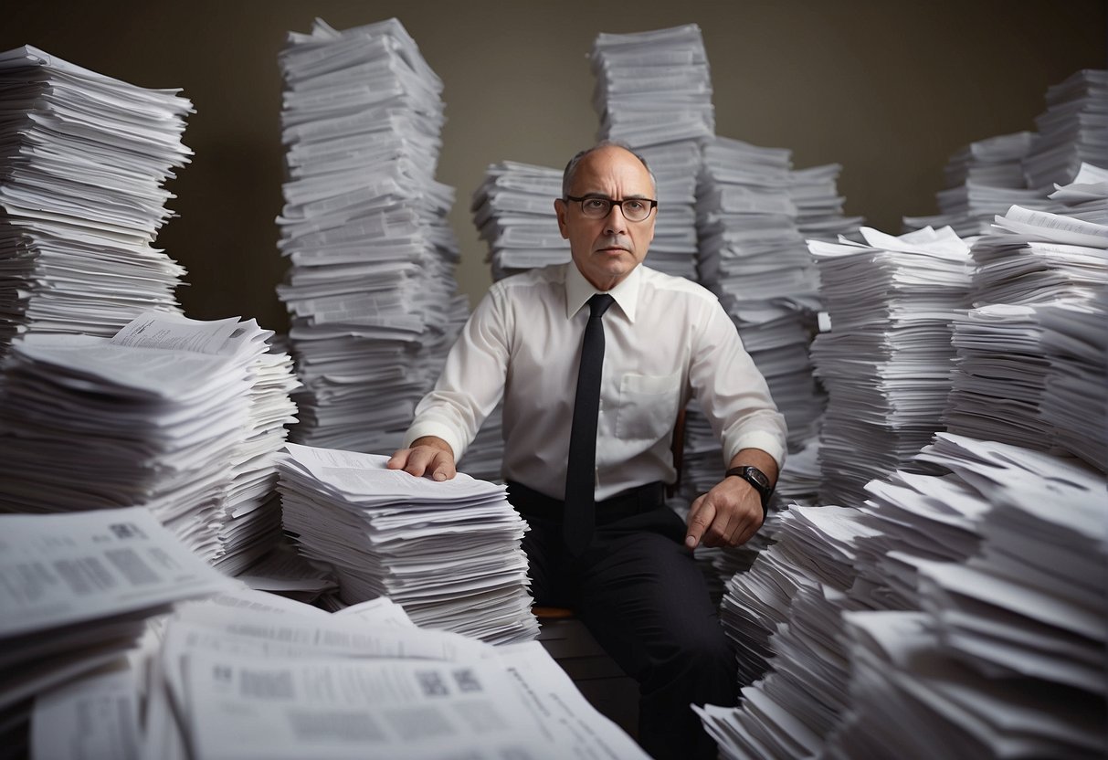 A mountain of paperwork towers over a determined figure, surrounded by calculators and tax forms. The figure confidently tackles the daunting task, armed with a pencil and a focused expression