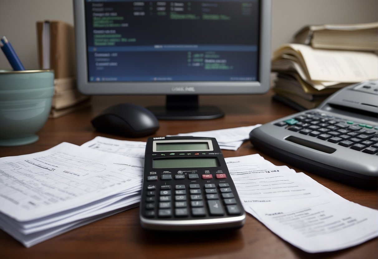 A cluttered desk with tax forms, calculator, and computer. A calendar shows April 15 deadline. A person looks stressed