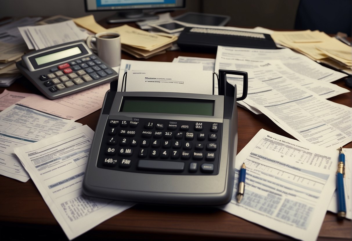 A cluttered desk with tax forms, calculator, and computer. A stressed person surrounded by paperwork. A calendar marked with tax deadlines