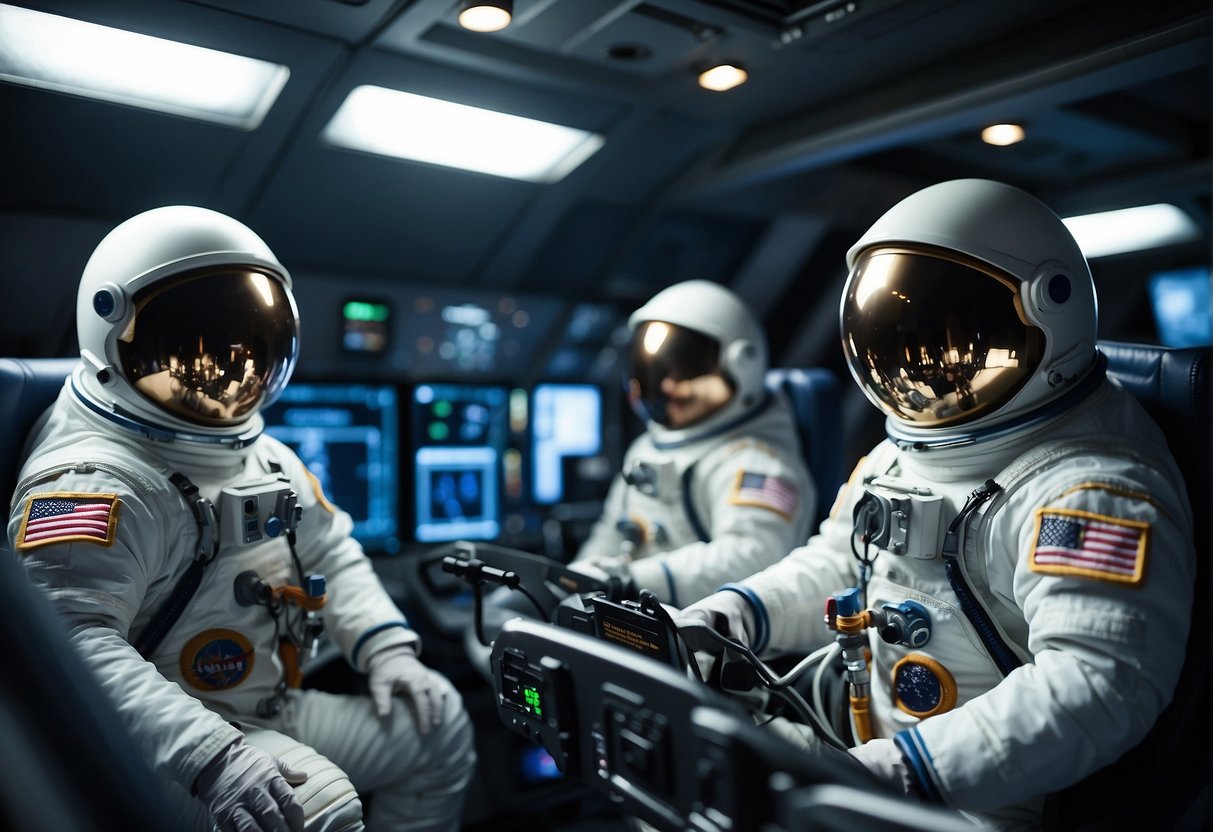 Astronauts in space suits practice emergency procedures in a realistic spacecraft simulator