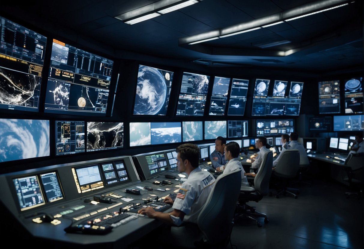 A control room filled with monitors and computers, displaying various simulations of space missions. Astronauts in training practice every contingency