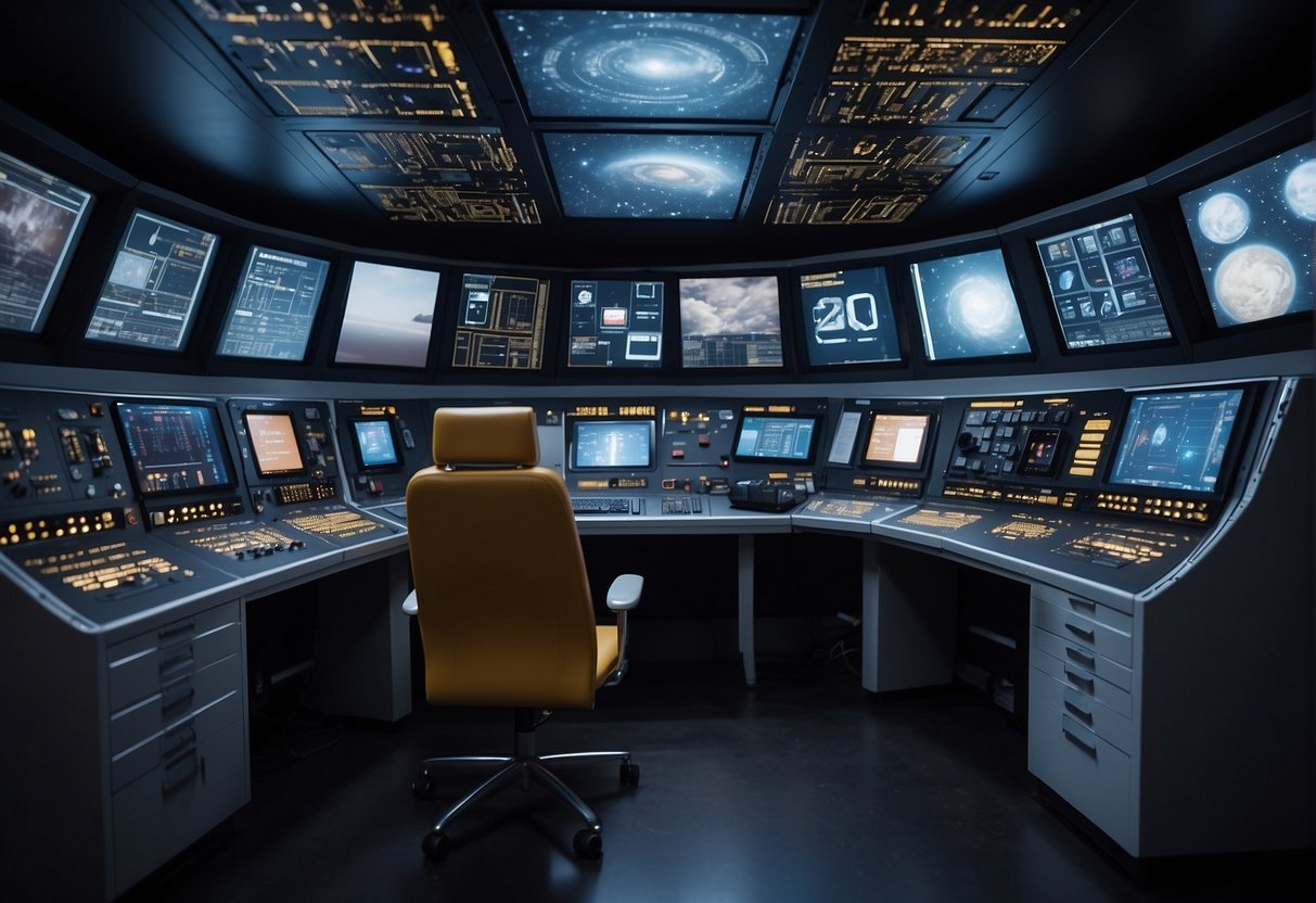 A space mission simulation room with control panels, monitors, and astronaut gear for educational and career preparation