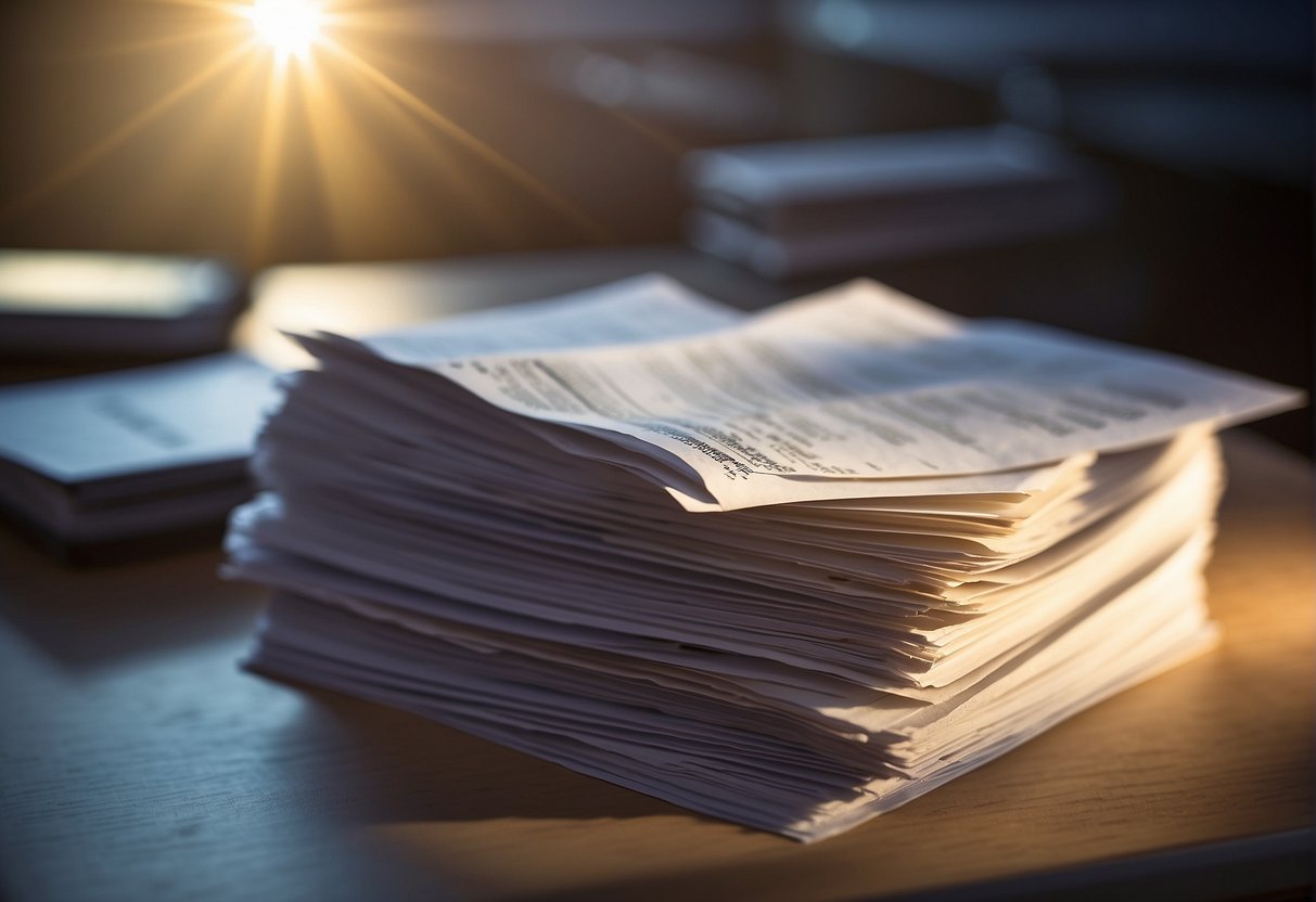 A pile of tax forms and documents, with a bright light shining on them, symbolizing relief and freedom from IRS eligibility criteria
