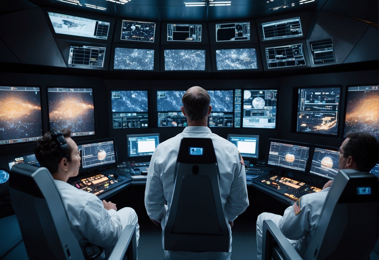 Astronauts in a high-tech simulation center, practicing emergency procedures for space missions. Various control panels, screens, and equipment surround them