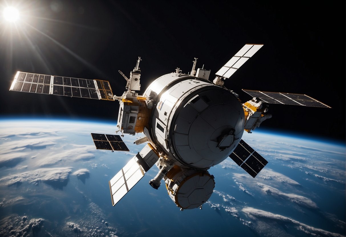 A cargo spacecraft docks with a space habitat, unloading supplies and equipment to sustain life in orbit. Astronauts oversee the transfer, ensuring the seamless resupply operation