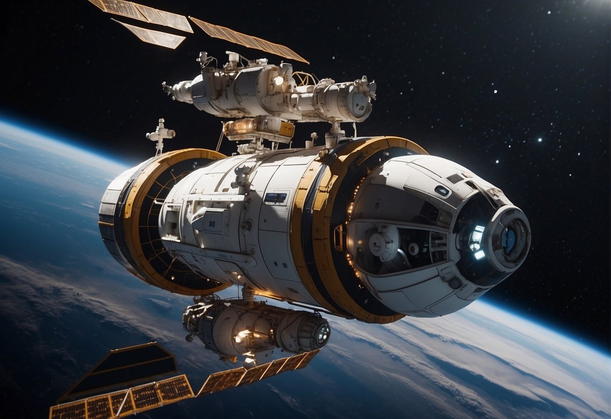 A space habitat resupply mission: a spacecraft docks with a rotating space station, delivering supplies and equipment to sustain life in orbit