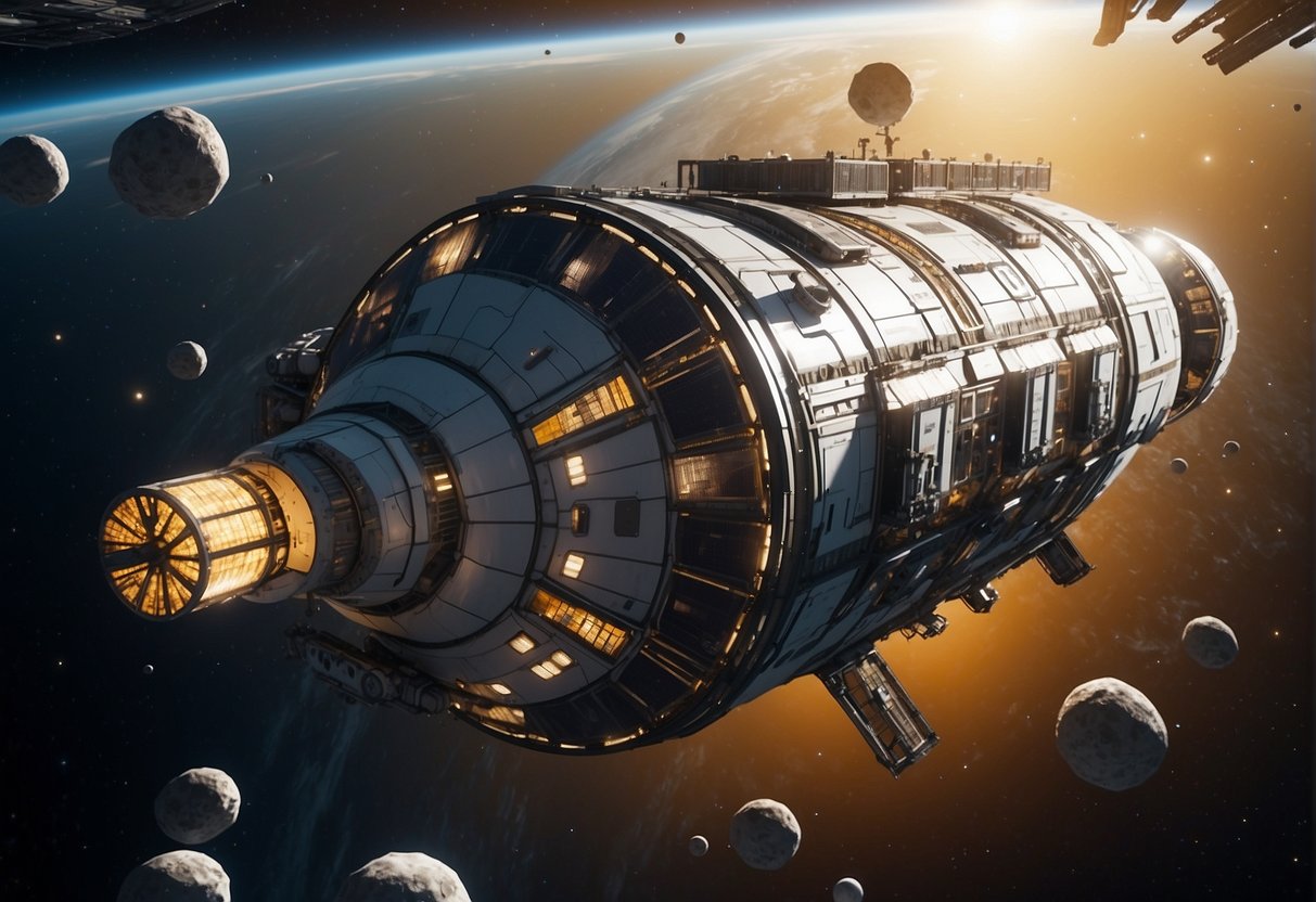 A space habitat resupply ship docks with the orbiting station, unloading supplies and equipment to sustain life in space
