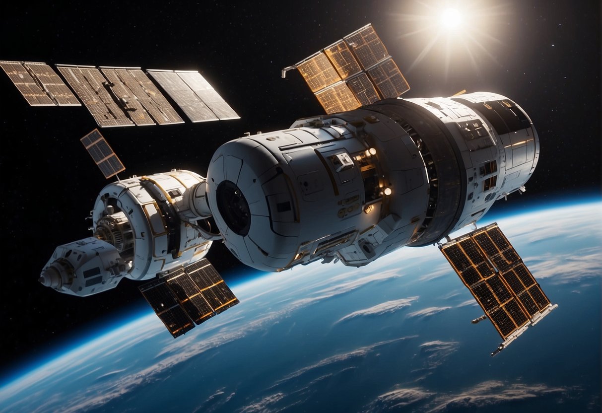 A space habitat resupply spacecraft docks with a futuristic space station, transferring supplies and resources to sustain life in orbit