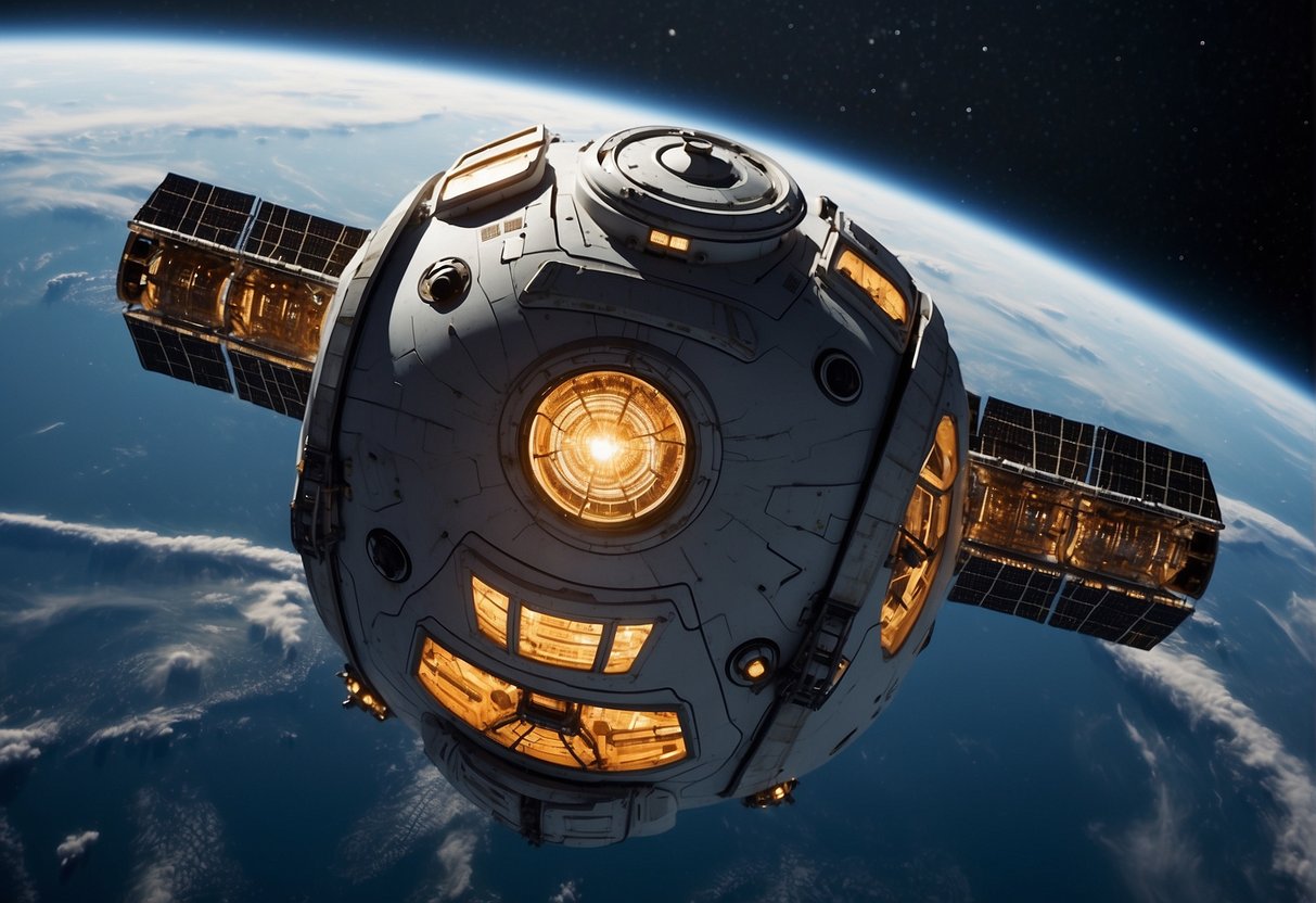 A spacecraft and space station are equipped with emergency hatches, fire suppression systems, and escape pods, ensuring safety in the event of a catastrophic event in space