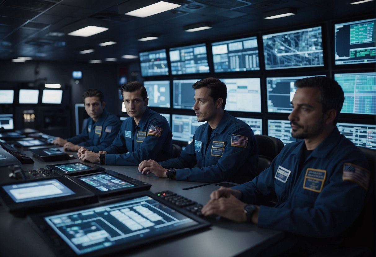 Crew members reviewing emergency protocols in a space station control room. Charts and diagrams displayed on screens, as team members discuss and analyze procedures