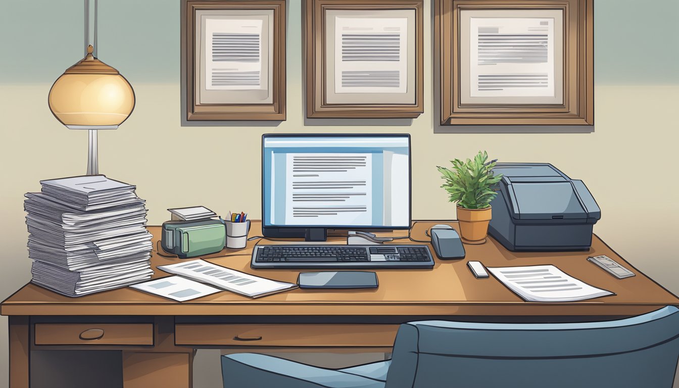 A desk with a computer, printer, and stack of legal documents. A framed license hangs on the wall