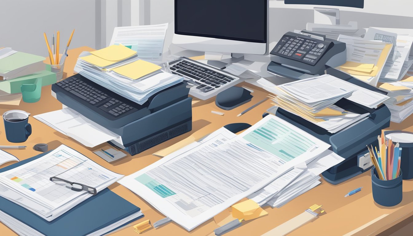 A desk with various documents scattered on it, including application forms, financial statements, and legal contracts. A computer and printer are visible, along with a stack of official government regulations