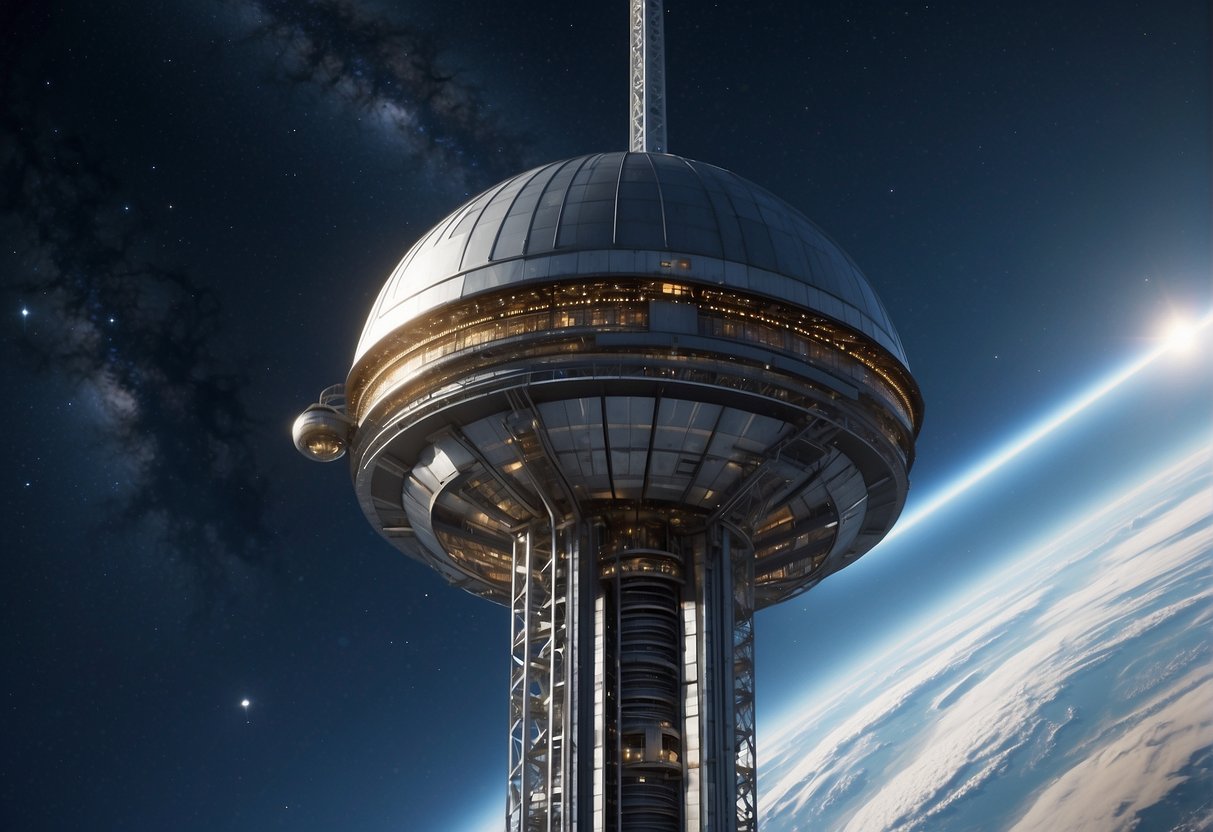 Space Elevators - A space elevator extends from Earth's surface into the atmosphere, with a counterweight orbiting above. The elevator's cables are anchored securely to the ground and extend into space, creating a pathway for transporting goods and people to and from orbit