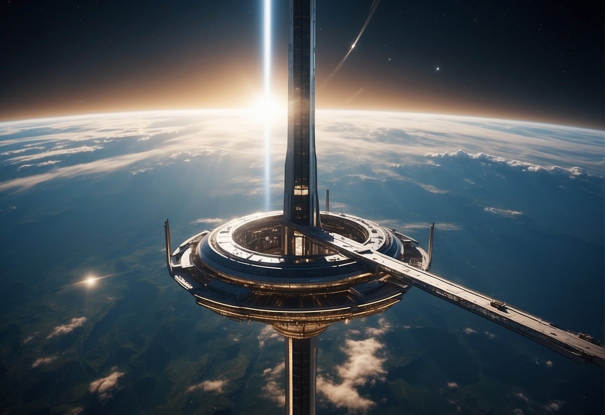 A space elevator ascends from Earth's surface, connected to a massive counterweight in geostationary orbit. The structure is sleek and futuristic, with cables extending into the sky