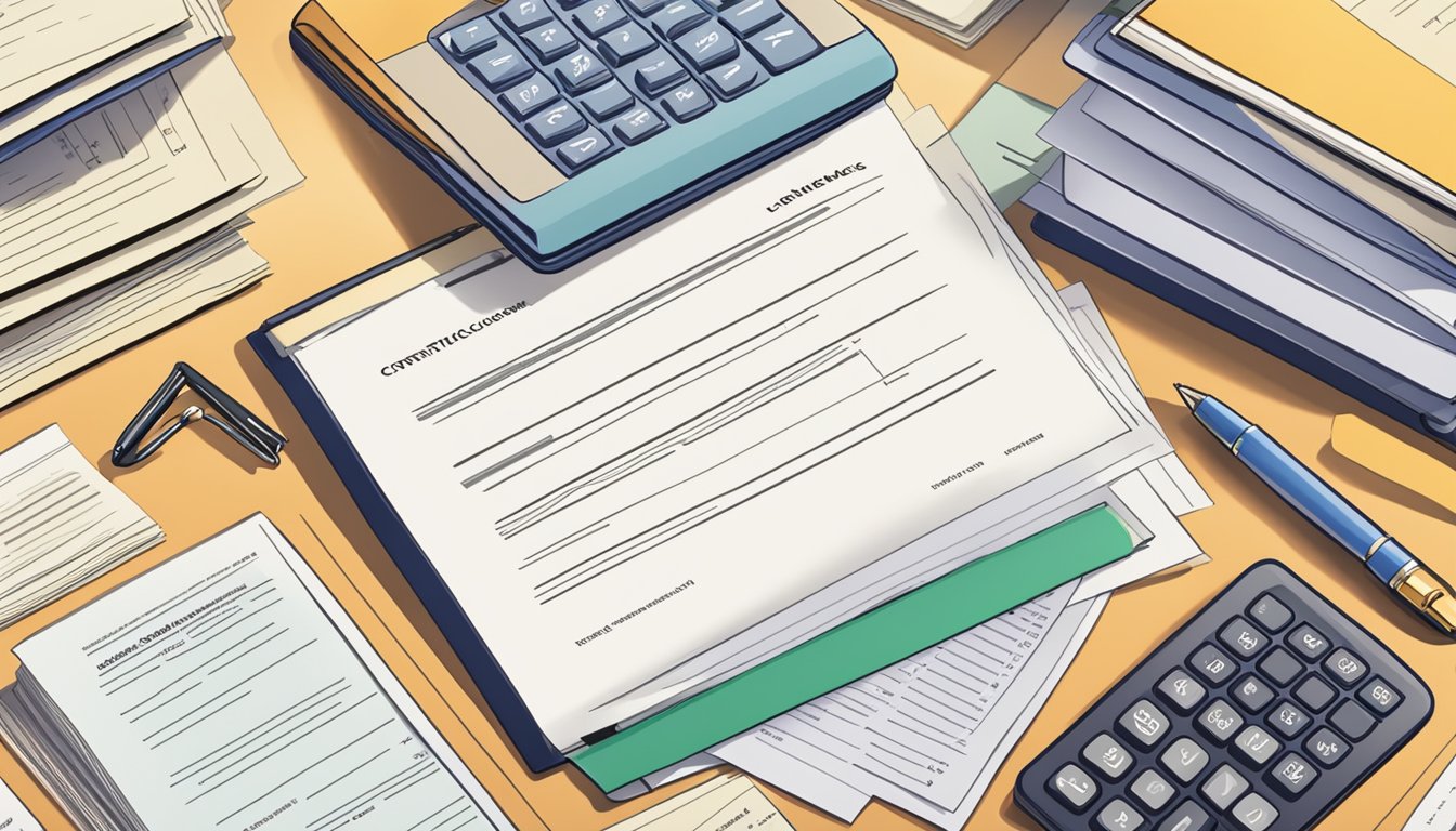 A stack of legal documents and a license certificate on a desk, surrounded by financial calculators and business contracts