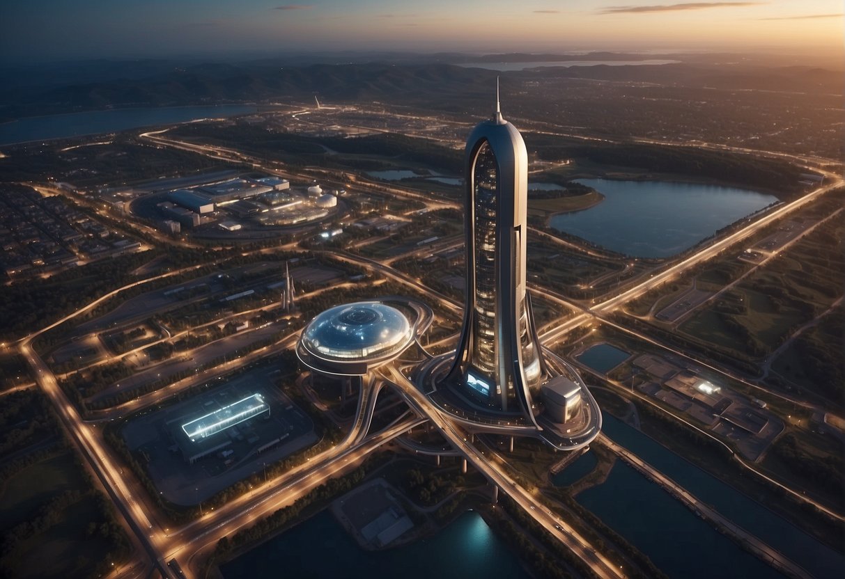 A space elevator rises from Earth, surrounded by bustling spaceports and manufacturing facilities. It is supported by a network of cables and anchored to the ground. The scene exudes a sense of technological advancement and human ambition