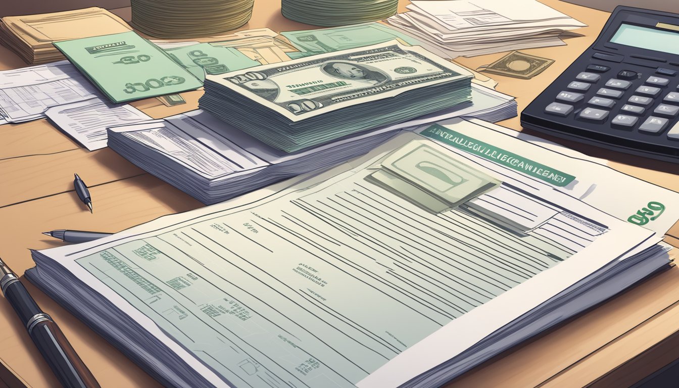 A stack of legal documents and a money lender license displayed prominently on a desk, surrounded by financial and lending industry-related materials
