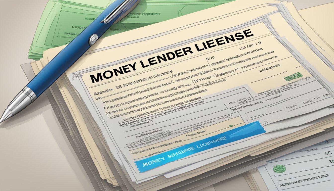 A stack of documents labeled "Money Lender License Singapore" with a pen and stamp ready for review