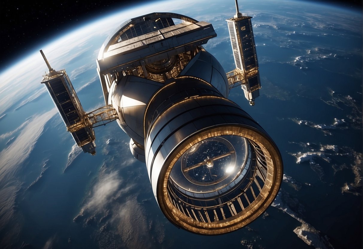 A space elevator extends from Earth's surface into space, with regulatory and security measures in place. The structure faces operational and safety challenges