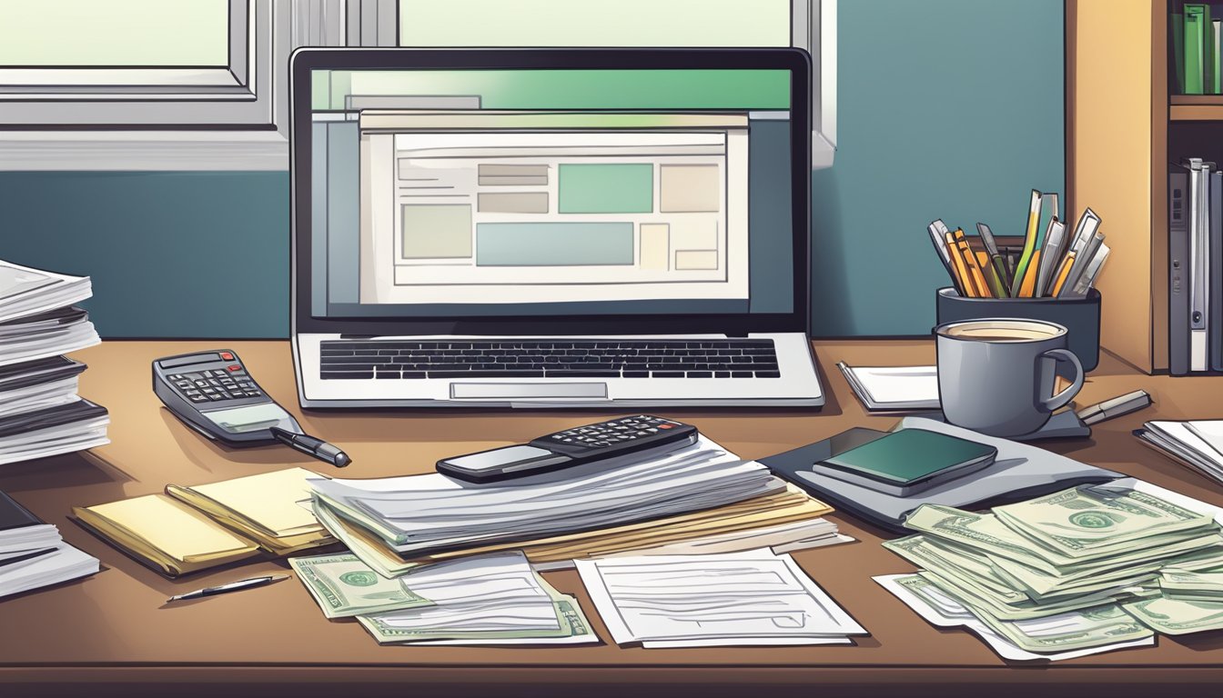 An office desk with a computer, stack of documents, and a money lender license displayed prominently. A pen and calculator are also visible
