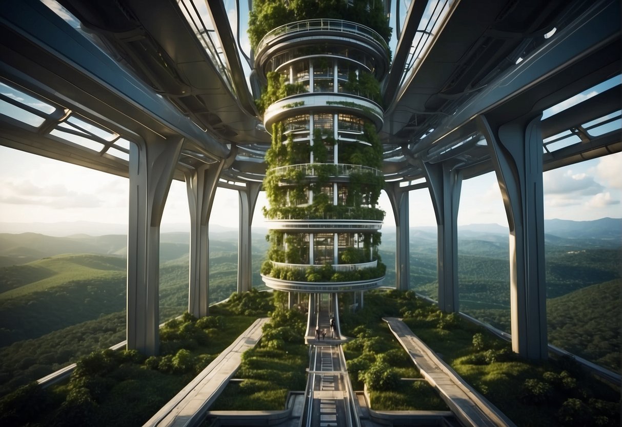 A space elevator towers over a lush, green landscape, symbolizing sustainability and environmental impact. The structure is surrounded by renewable energy sources and efficient transportation systems