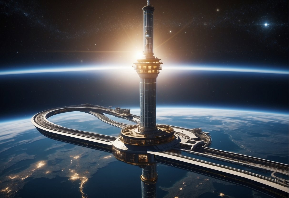 A space elevator extends from Earth into the cosmos, overcoming operational and safety challenges, impacting future society and space exploration