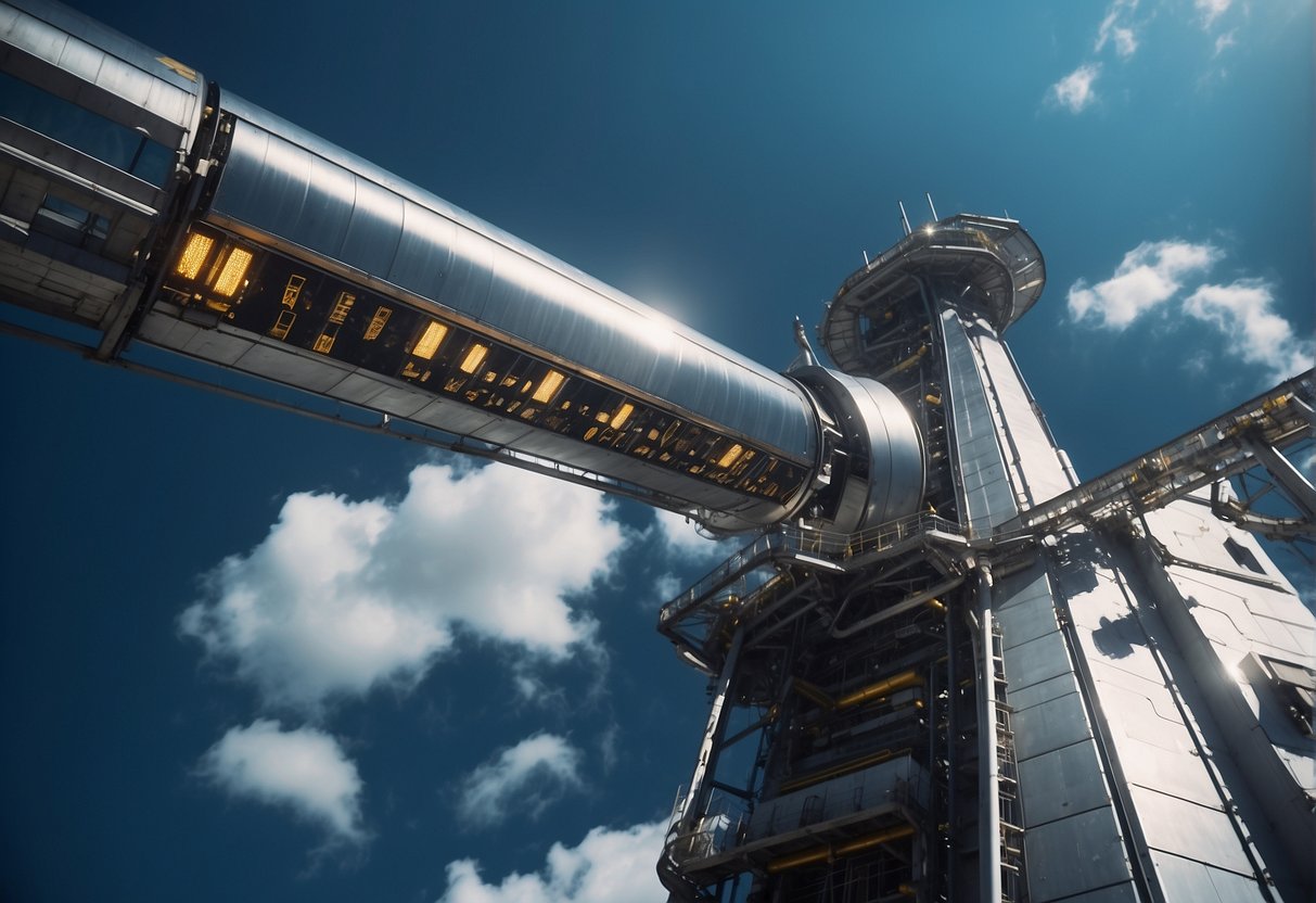 A space elevator stretches into the sky, with maintenance robots busy at work, while safety barriers and warning signs are visible along its length