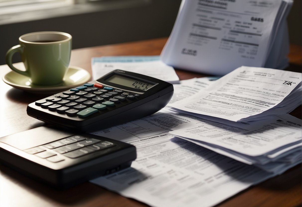 A cluttered desk with scattered tax forms and receipts, a calculator, and a stressed-out expression. A ray of light shines on a thick IRS Relief Handbook