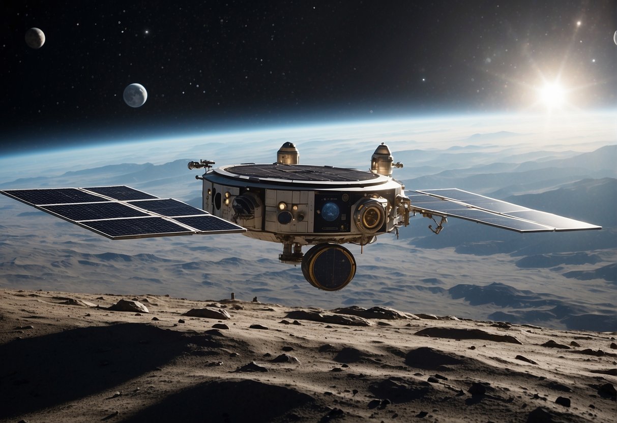 A spacecraft hovers above a pristine lunar landscape, with solar panels and recycling systems in place, showcasing sustainable space exploration