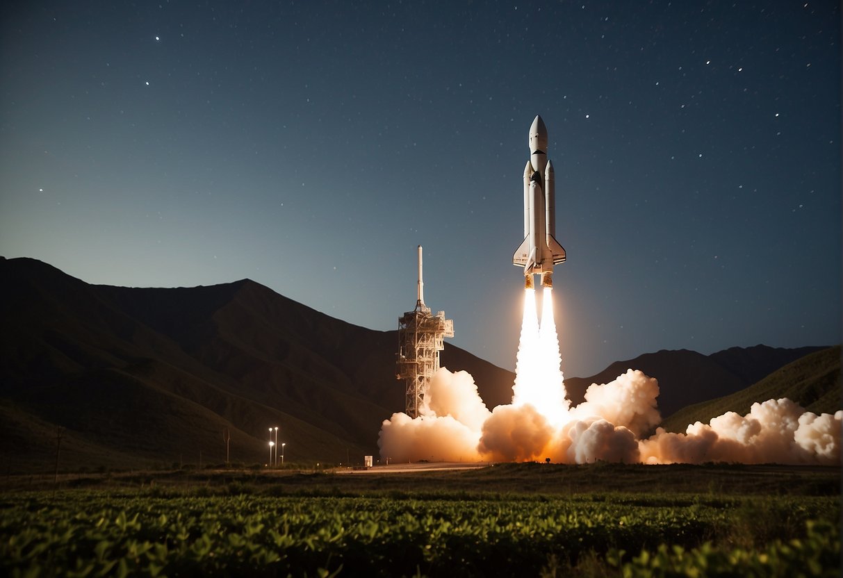 A rocket launches from a lush, green Earth into the starry expanse, powered by clean, eco-friendly technology. Solar panels and recyclable materials are visible on the spacecraft, emphasizing the importance of sustainable space exploration
