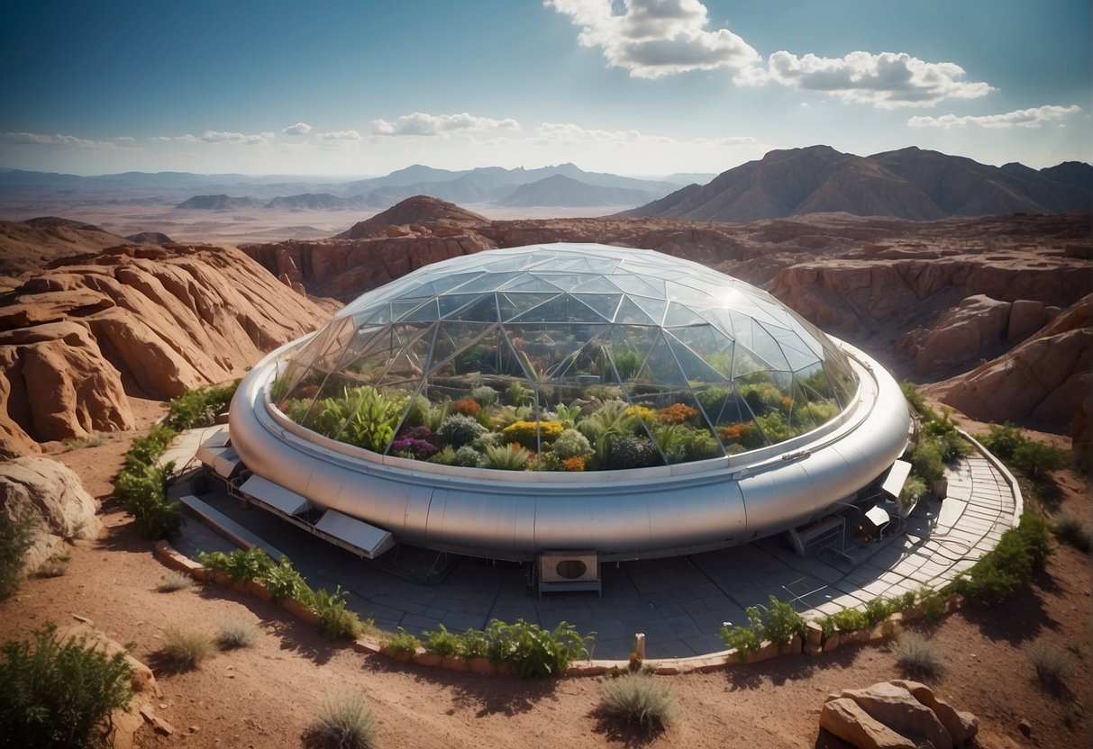 A biodome with diverse plant life, recycling systems, and solar panels, nestled within a crater on a distant planet
