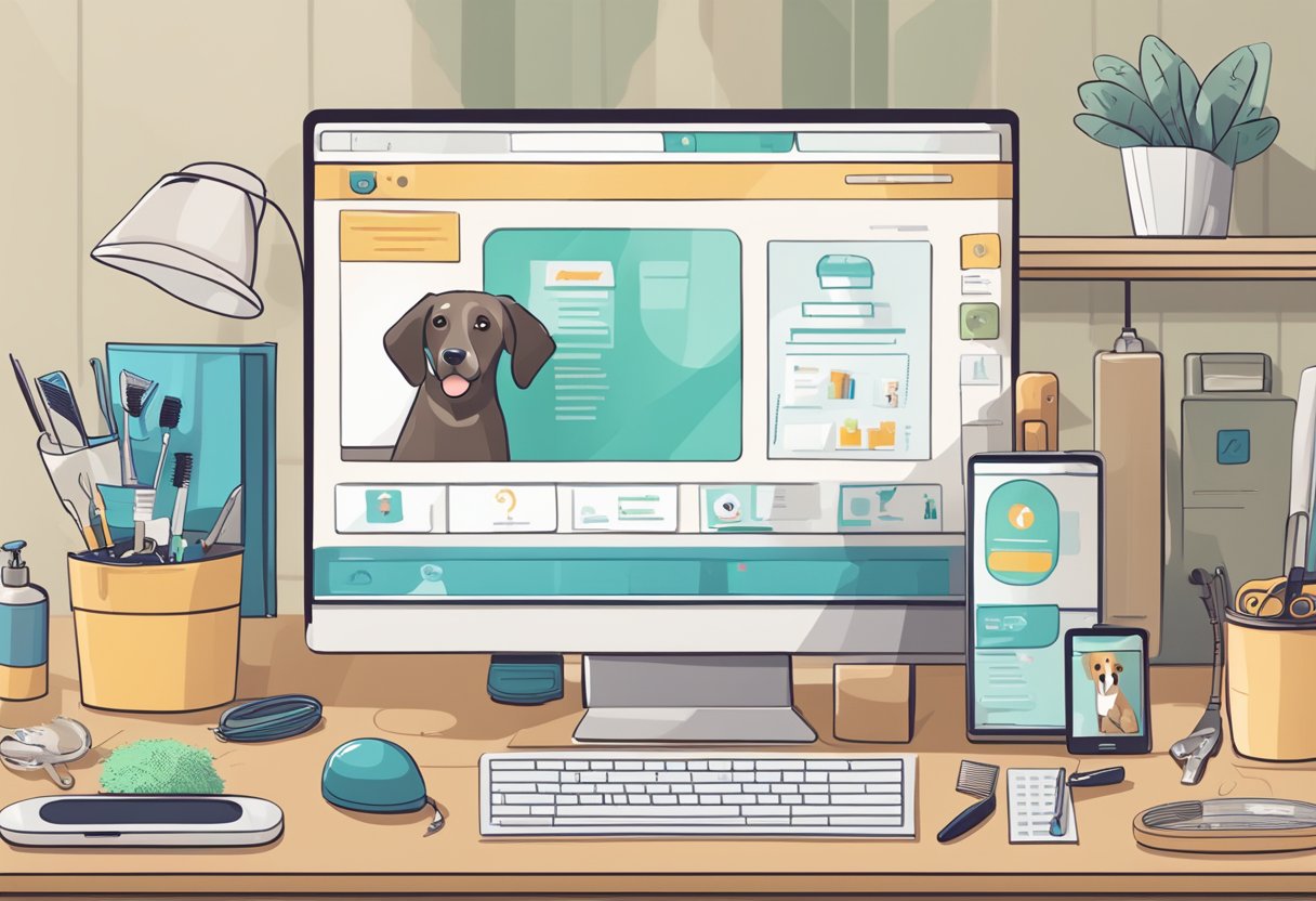 A computer with a pet grooming website displayed, grooming tools scattered on a table, and a happy dog waiting for a virtual grooming session
