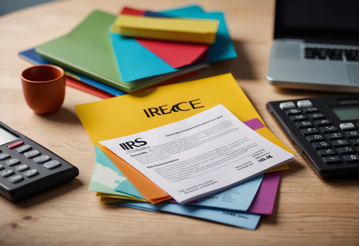 An IRS Peace brochure lies open on a desk, with a calculator and paperwork scattered around. A sense of urgency and relief is conveyed through the use of bold colors and dynamic composition