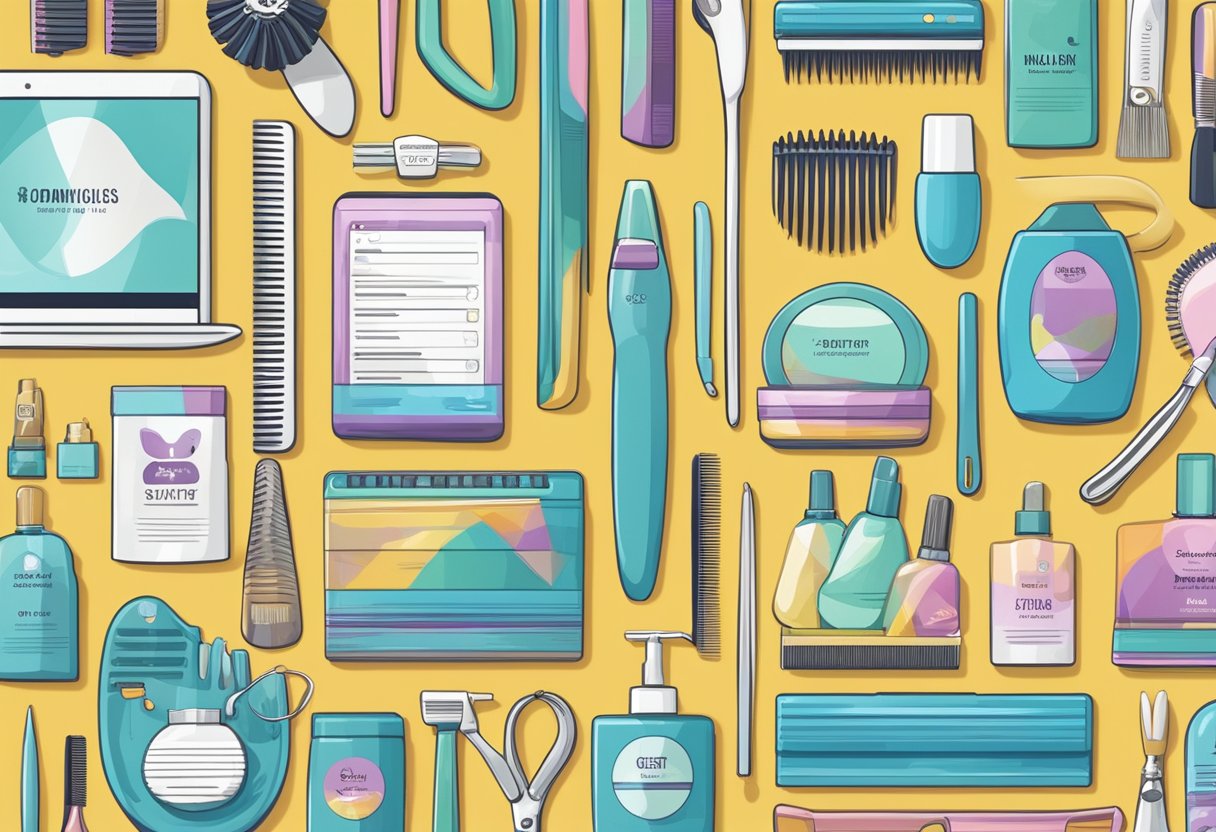 A colorful array of grooming tools and products displayed on a clean, modern online pet grooming website, with a prominent "Get Started" button