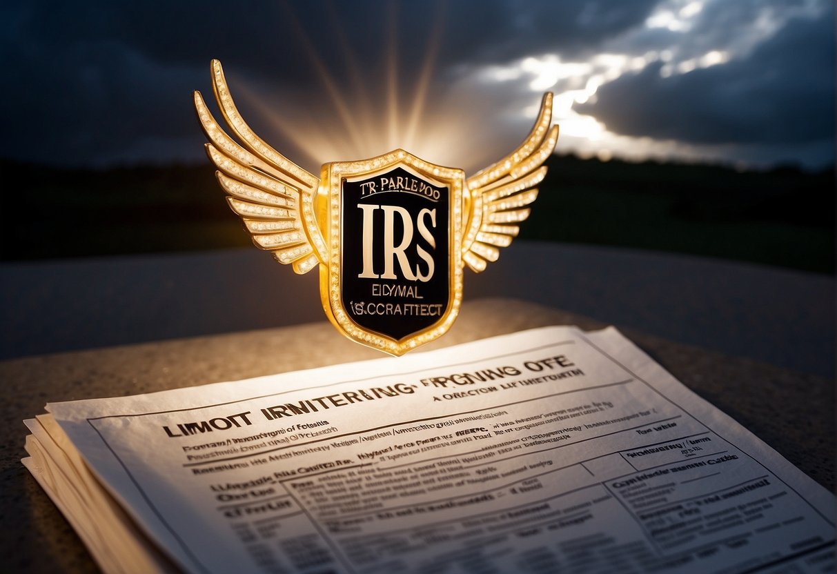 IRS logo shining over a stormy sky, with lightning striking tax forms. A ray of light breaks through, symbolizing relief and hope