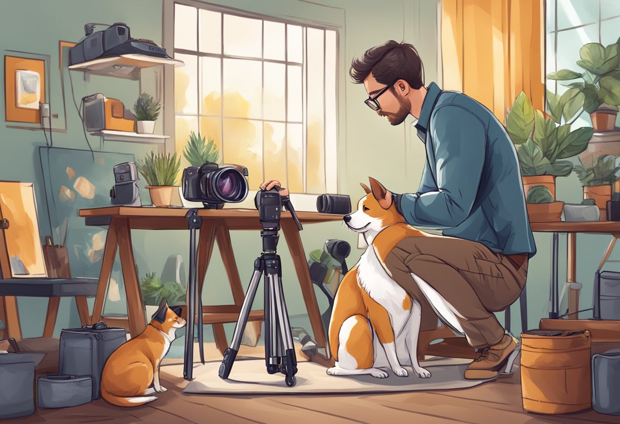 A pet photographer setting up a camera, arranging props, and capturing a playful pet in a studio or outdoor setting