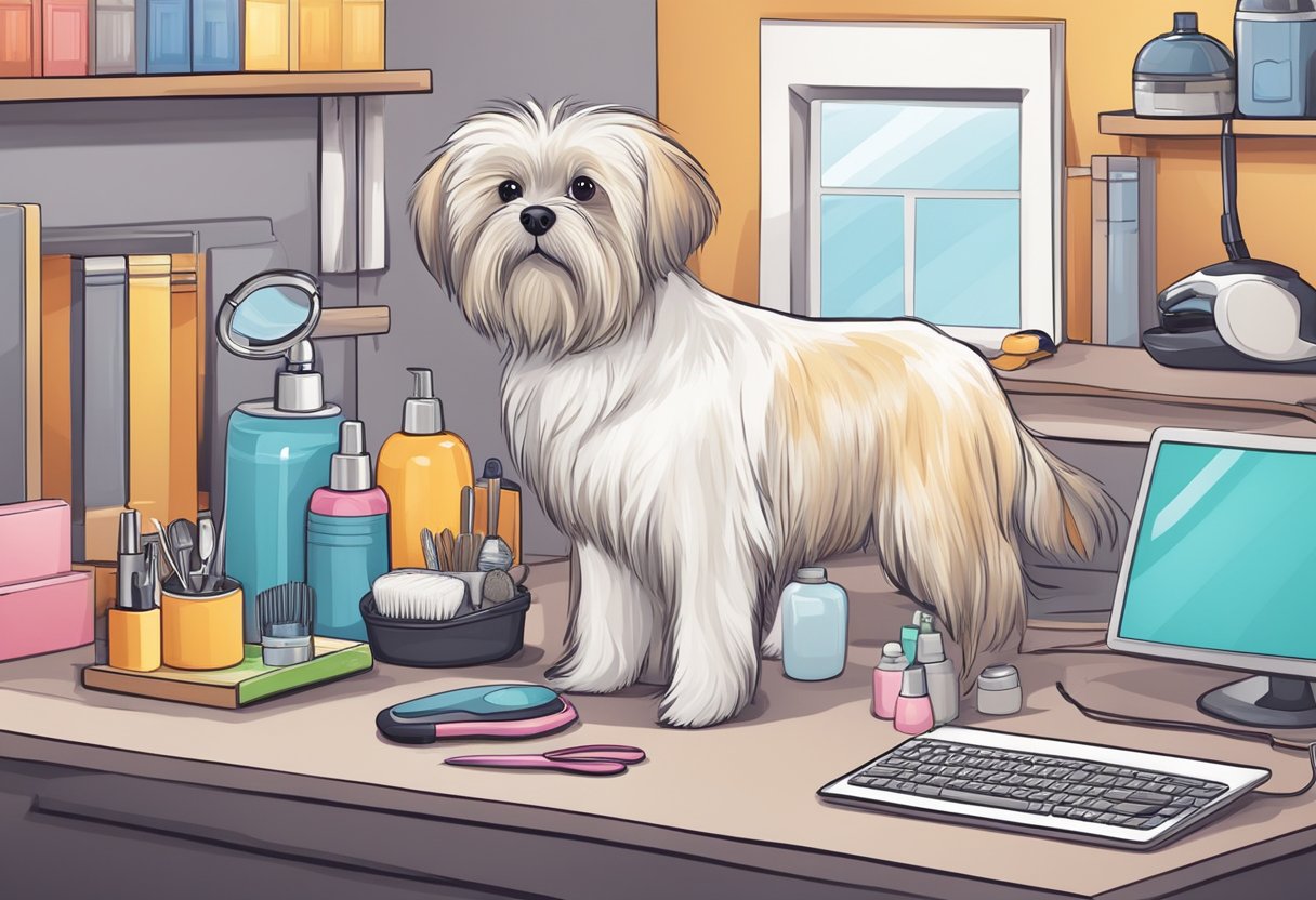 A busy online pet grooming business with various grooming tools, a computer, and a pet waiting for grooming