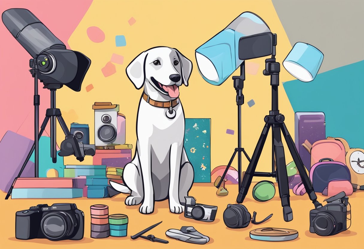A happy dog sits in front of a camera on a tripod, with a colorful backdrop and various pet accessories scattered around the set