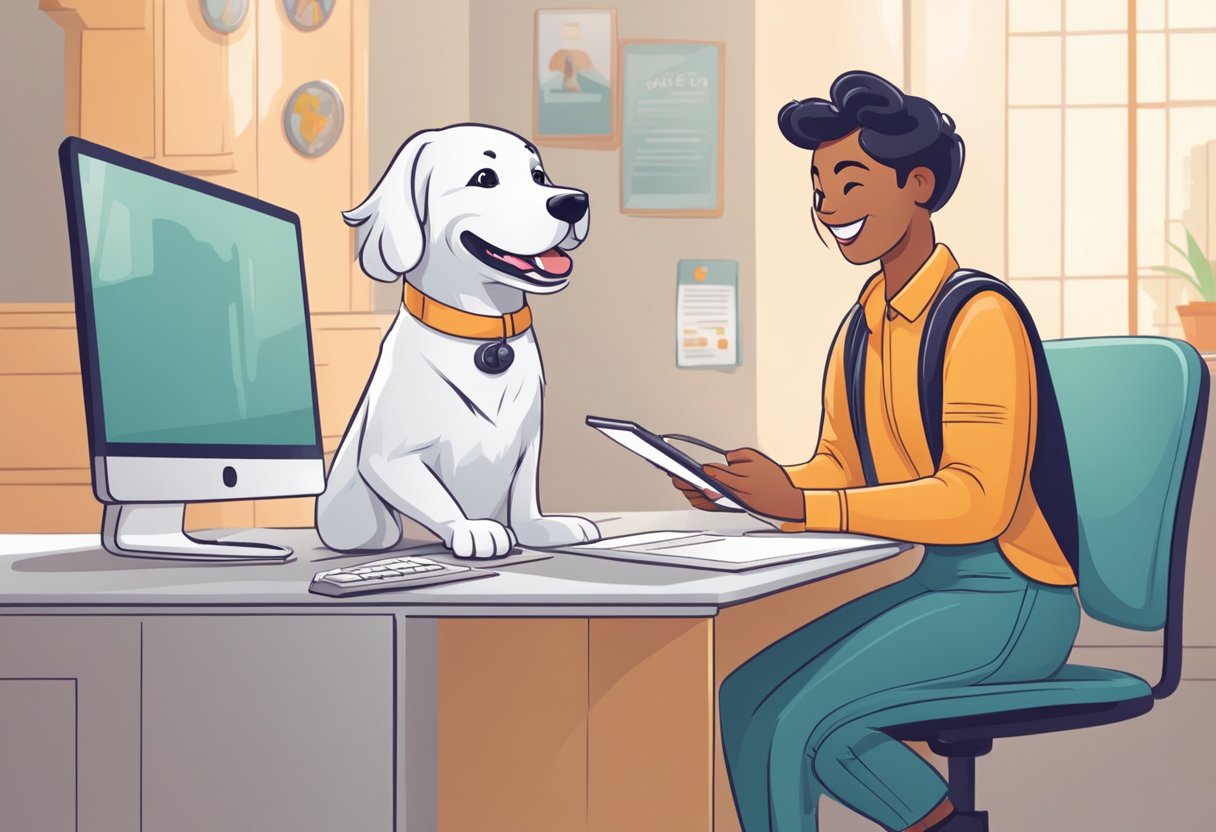A smiling dog owner schedules an appointment on a pet grooming website. A friendly customer service representative answers questions and ensures a smooth booking process