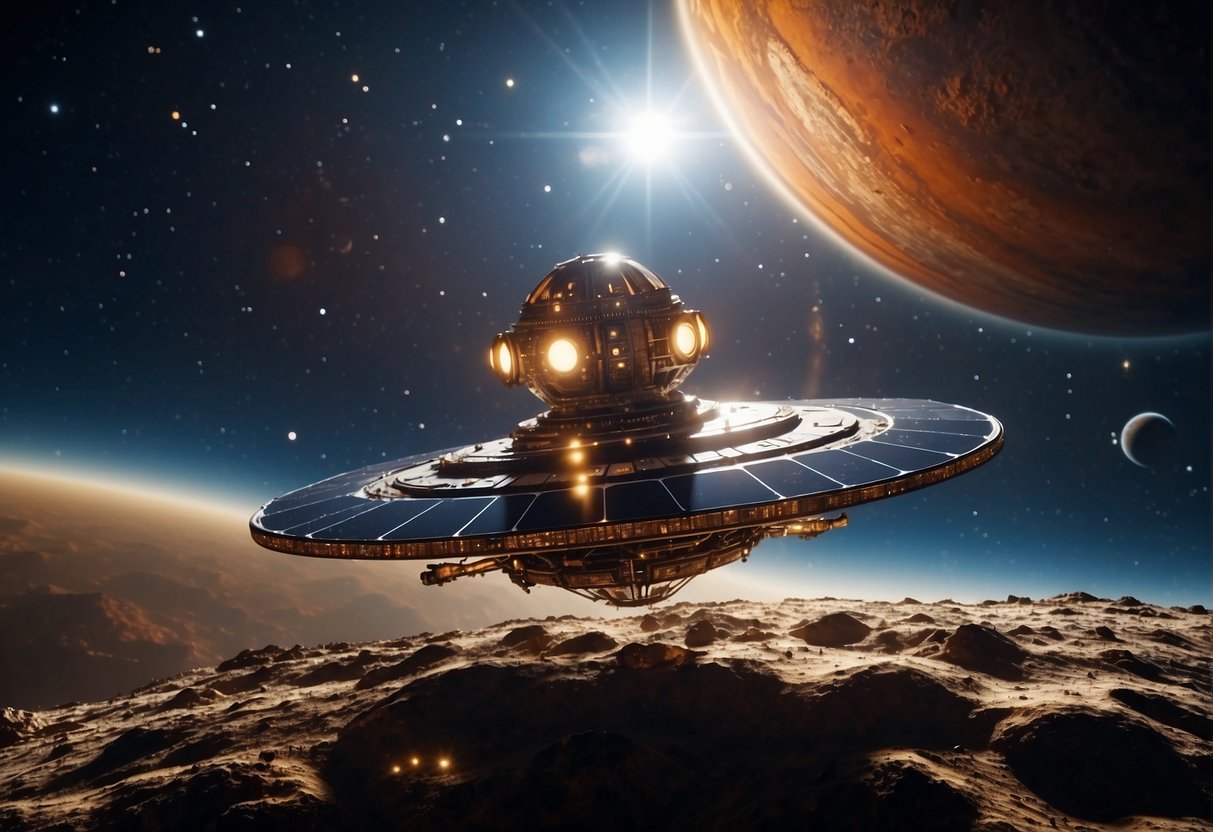 A spacecraft hovers above a distant planet, with stars and galaxies filling the cosmic background. The ship's solar panels glint in the light as it prepares to embark on its mission