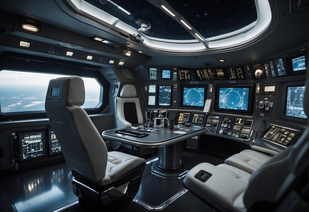 The spacecraft's cabin maintains Earth-like conditions with controlled pressure, temperature, and oxygen levels. The air is clean and breathable, ensuring the comfort and safety of the crew