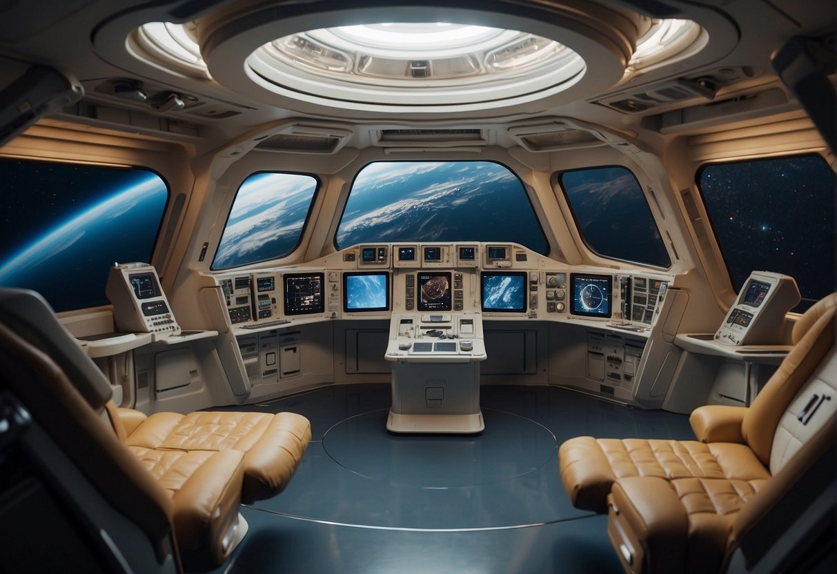 A spacecraft cabin maintains Earth-like conditions despite external space conditions. The pressure is regulated to create a comfortable environment for occupants