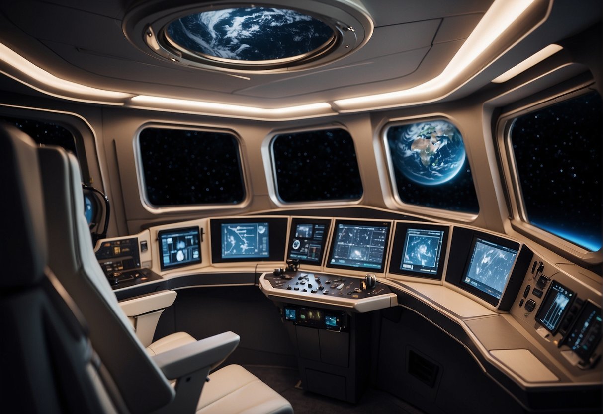 The spacecraft cabin is filled with advanced technology, maintaining Earth-like conditions and stable pressure for the comfort and safety of the crew