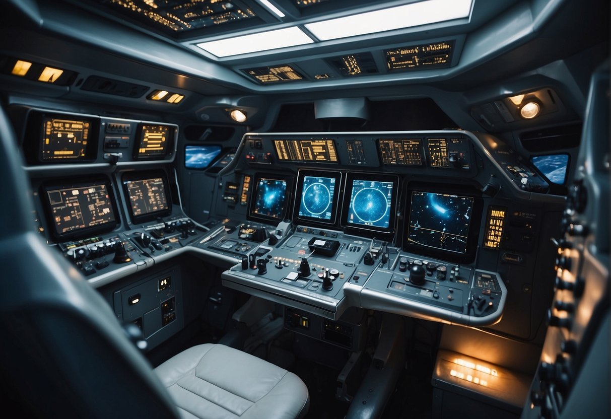 A spacecraft cabin with control panels and oxygen tanks, maintaining Earth-like conditions