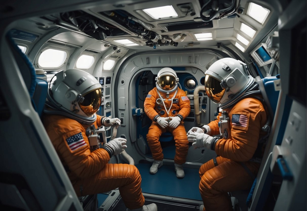 Astronauts clean equipment in cramped spaceship, using specialized tools and techniques to maintain hygiene in zero gravity